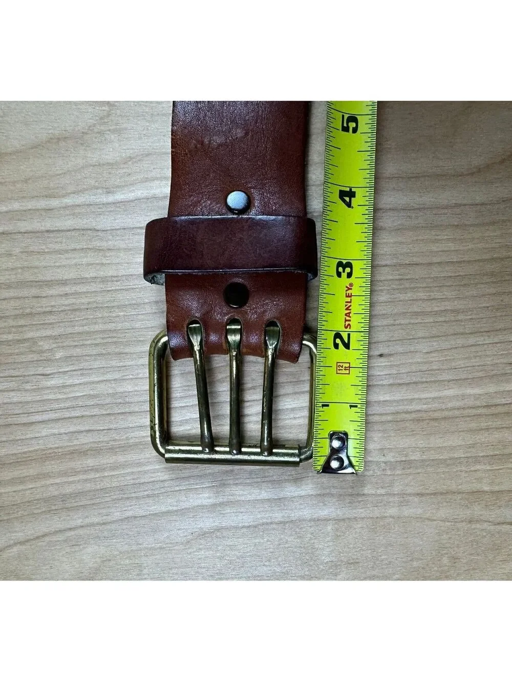 Vintage 80s Triple Prong Leather Belt heavy duty utility 1-7/8